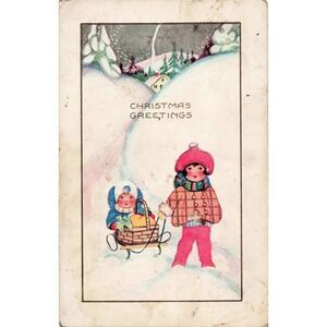 Christmas Postcard Whitney Made Children Sled Winter Scene Divided Back